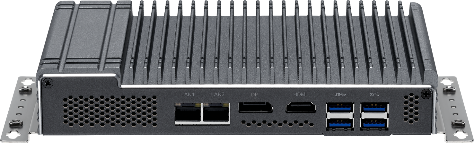 CIMON NB Series fanless industrial box PC, rear I/O view with dual LAN, DisplayPort, HDMI, and four USB ports