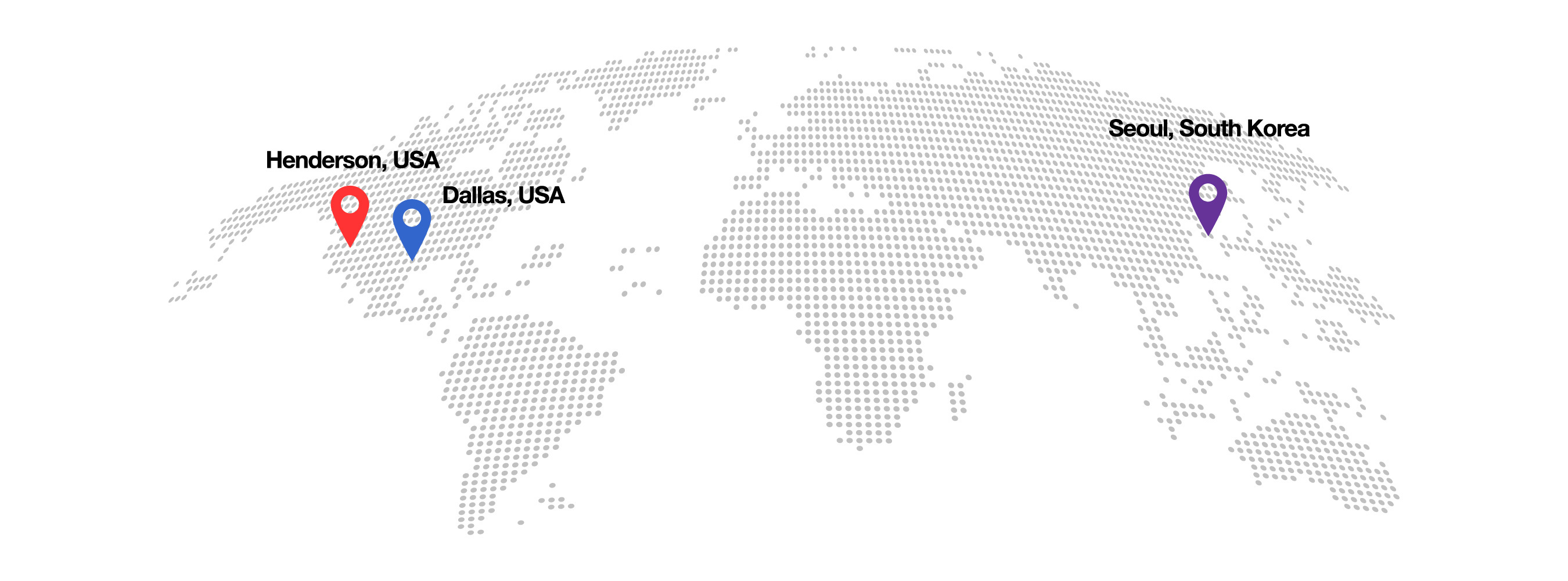 World map showing location pins on Henderson, USA, Dallas, USA and Seoul, South Korea