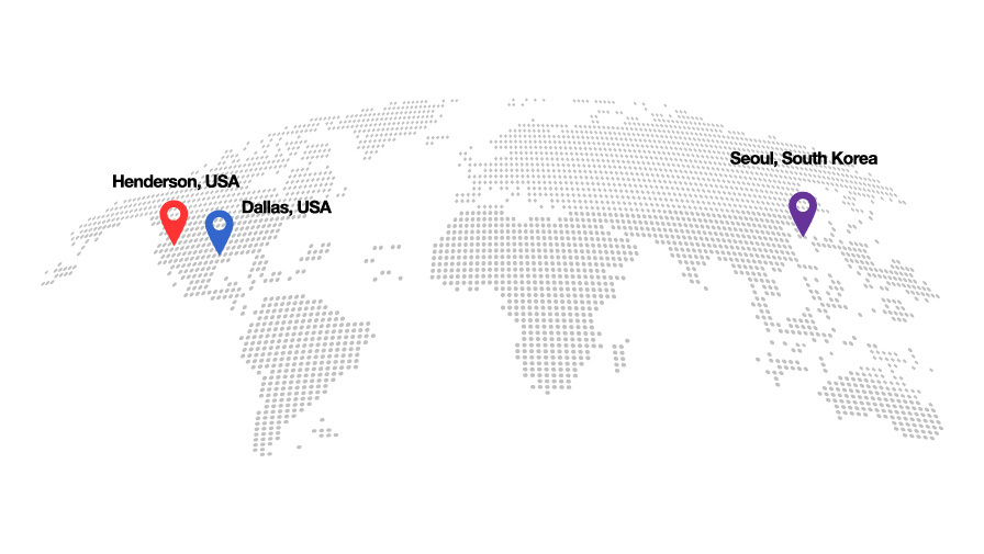 World map showing location pins on Henderson, USA, Dallas, USA and Seoul, South Korea